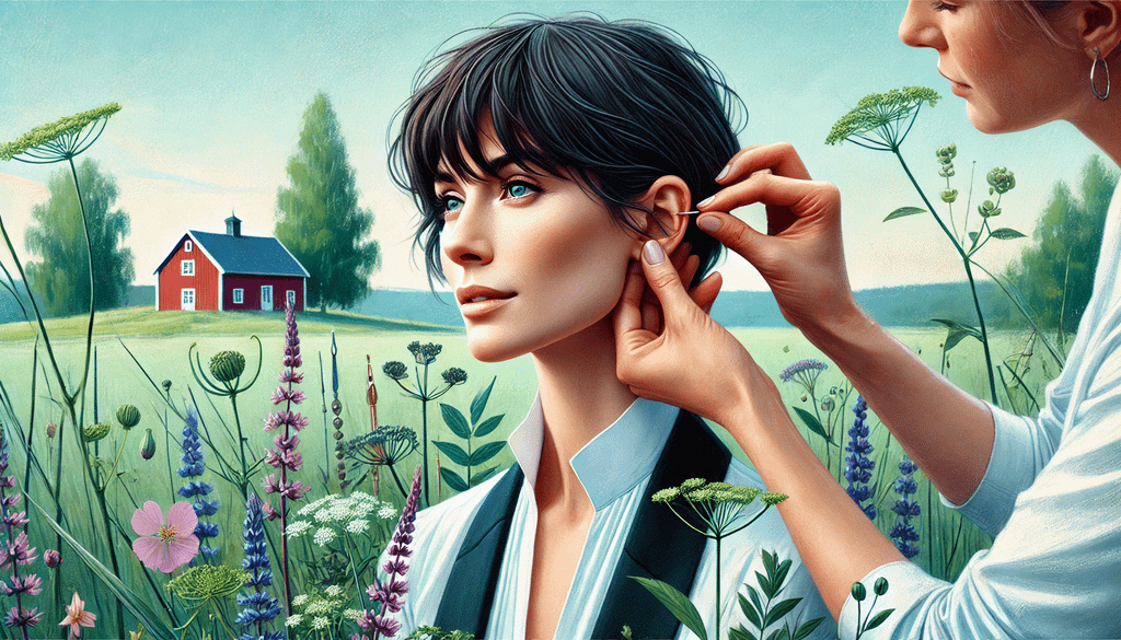 En terapeut utför öronakupressur på en klient i en fridfull svensk landsbygdsmiljö med pastellfärger. Malins Helhet – Holistisk Hälsa.