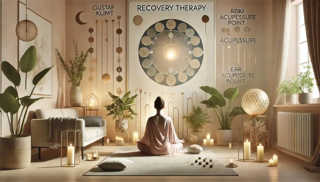 Person som mediterar i ett lugnt rum med naturliga inslag, stearinljus och reiki-session, inspirerad av Gustav Klimt och svensk design.