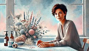 Min resa med öronakupressur En elegant terapeut utför öronakupressur på en klient i en fridfull svensk landsbygdsmiljö. Malins Helhet – Holistisk Hälsa.